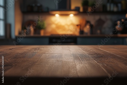 Dark wooden table in front of blurred kitchen background. (1) photo