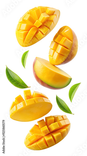 flying mango fruit and half slices isolated on transparent white background, clipping path