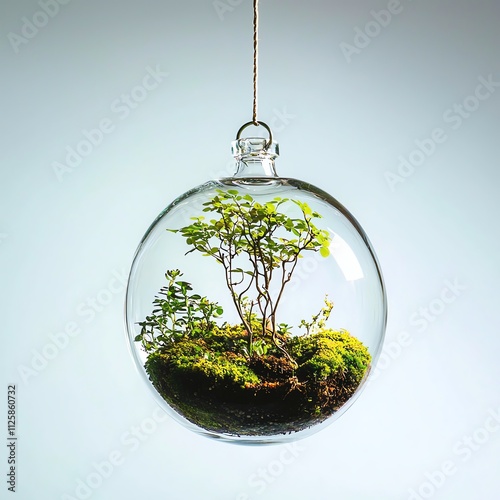 Artistic hanging handblown glass terrarium perfect for miniature plants on a solid white background, single object photo