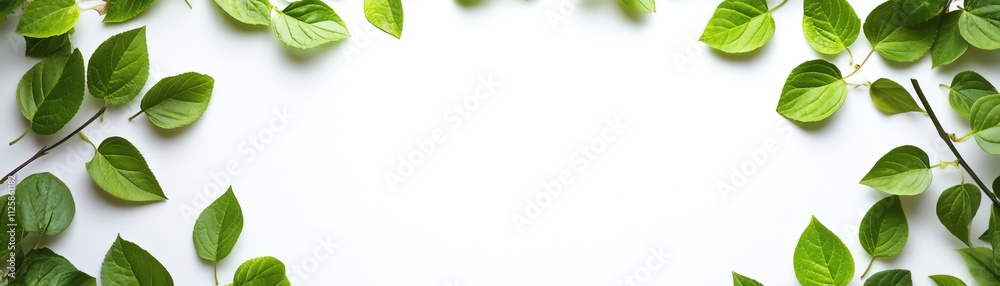Fresh green leaves arranged on a white background, creating a natural frame. Fresh green leaves arranged on a white background, creating a natural frame.