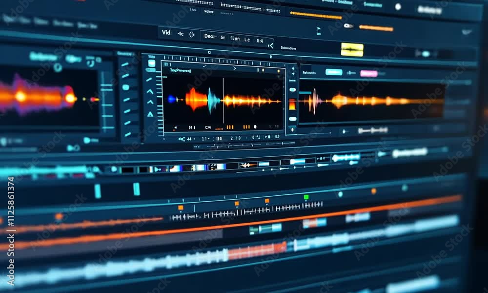 The image showcases a high-tech interface displaying various graphical elements, likely related to data analysis or digital media, emphasizing vibrant colors and intricate designs.