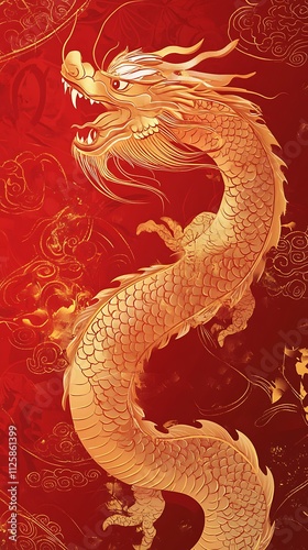 Golden dragon illustration on red background.