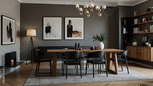 Stylish dining room interior with design wooden family table, black chairs, teapot with mug, mock up art paintings on the wall and elegant accessories