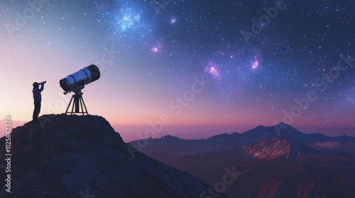 A scientist conducting experiments with a telescope on a mountain peak, observing distant galaxies and nebulae, Astronomical expedition style photo