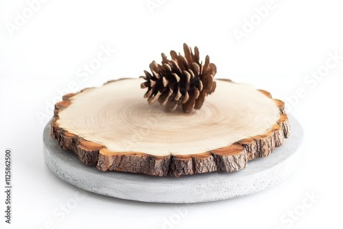 A natural wooden display with a pinecone on a concrete base.