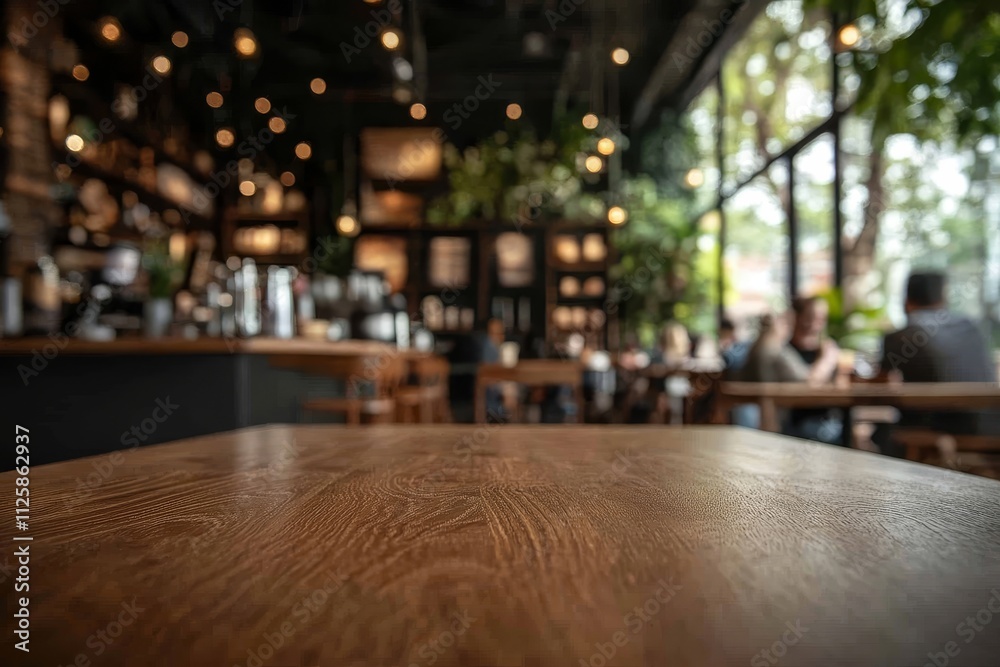 Empty wooden table in a blurred cafe background. (3)