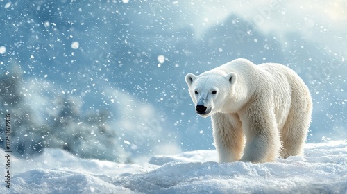 A polar bear standing on snow, gazing ahead. photo