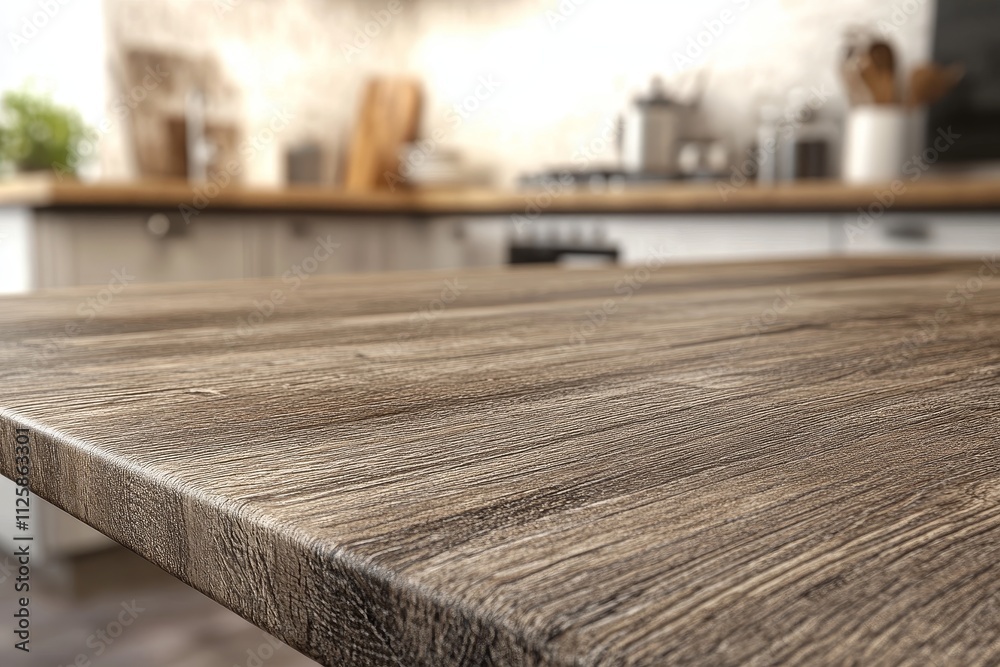 Close-up of a rustic wooden kitchen countertop with blurred background. Close-up of a rustic wooden kitchen countertop with blurred background.