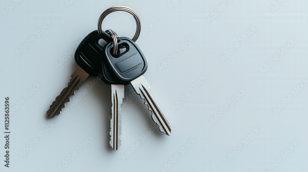 A set of car keys with a simple black keychain placed on white. A set of car keys with a simple black keychain placed on white.