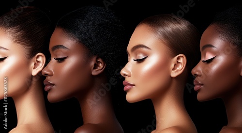 A stunning portrait showcasing diverse beauty with four women, each representing different skin tones and hairstyles, illuminated against a black background.