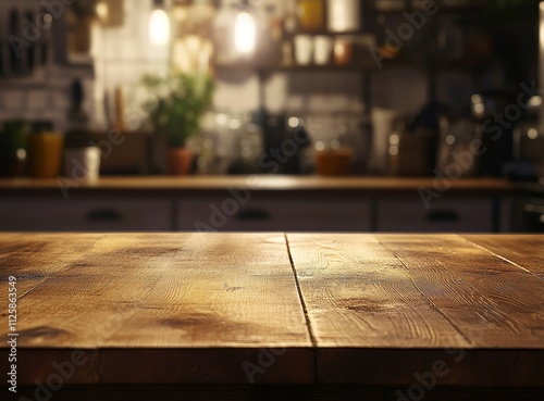 Rustic wooden table in front of blurred kitchen background. (1) photo