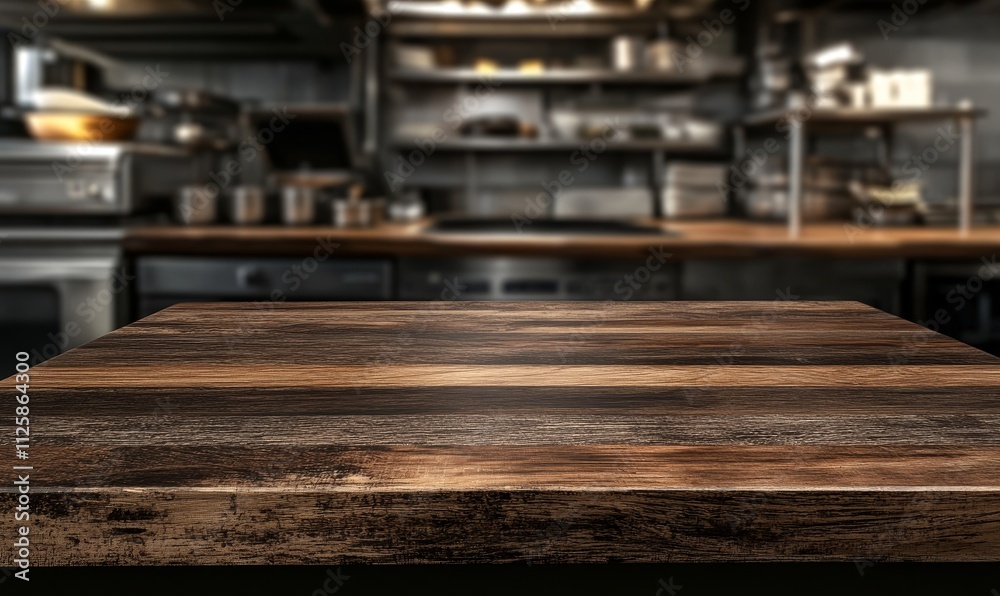 Rustic wooden table in blurred restaurant kitchen background. Rustic wooden table in blurred restaurant kitchen background.
