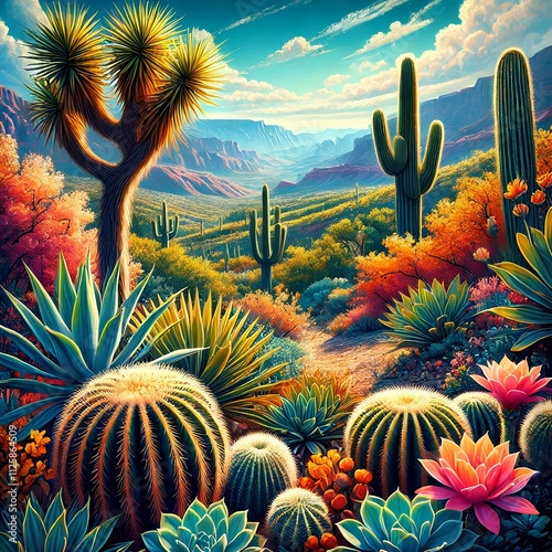 Vibrant cactus and Desert Foliage Against Blue Sky in Nevada Eye Level View