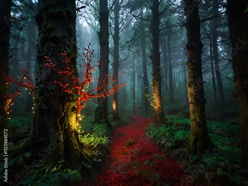 An enchanted forest where every tree is adorned with glowing red and green berries photo