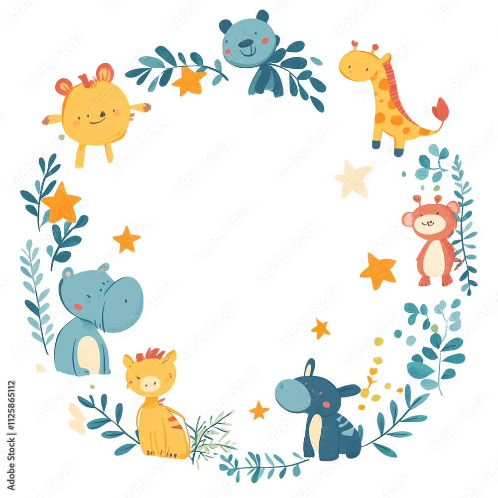 Naklejka premium Adorable Baby Animals Wreath: A Delightful Illustration of Cute Cartoon Critters Encircled by Lush Greenery and Twinkling Stars