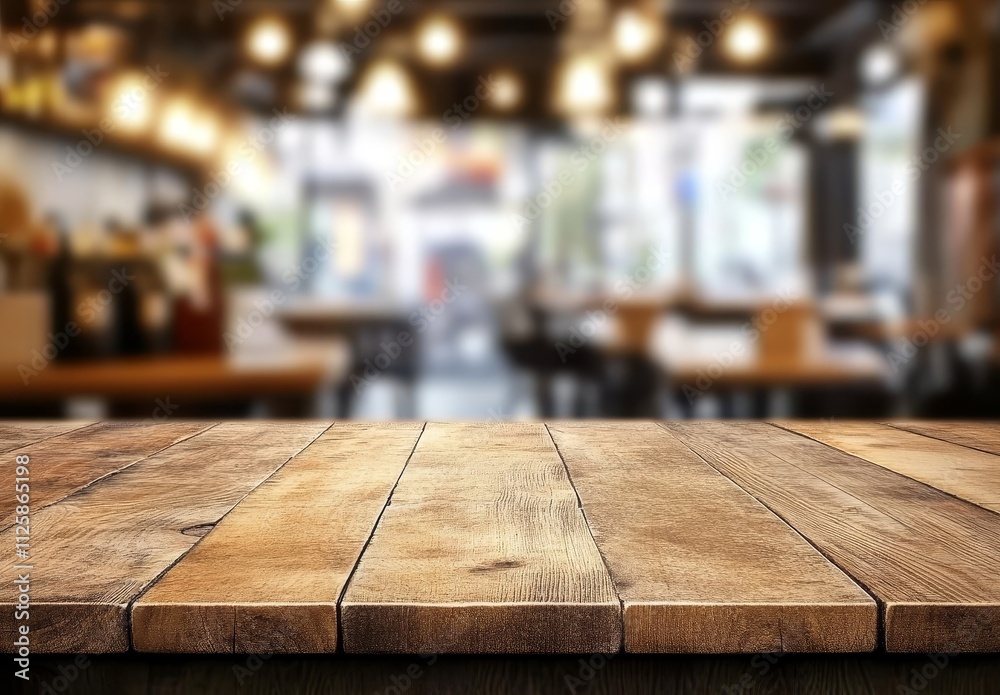 Empty wooden table in blurred cafe background. (12)