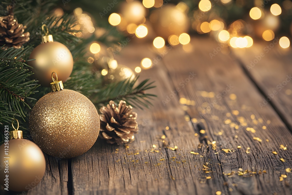 Fototapeta premium Empty Wooden Table with Festive Light Spots and Bokeh Backdrop.