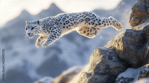 The snow leopard jumps on the rocks Generative AI