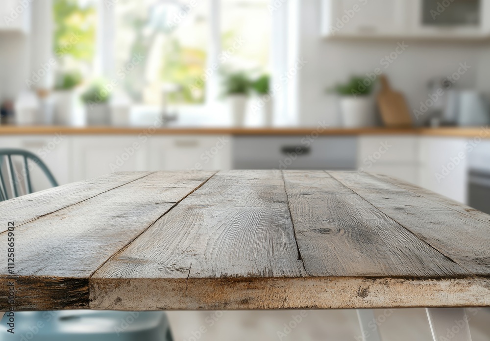 Rustic wooden table in blurred bright kitchen. (2) Rustic wooden table in blurred bright kitchen. (2)
