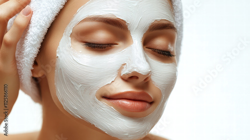 A beautiful woman with a white facial mask on her face and a towel wrapped around her head