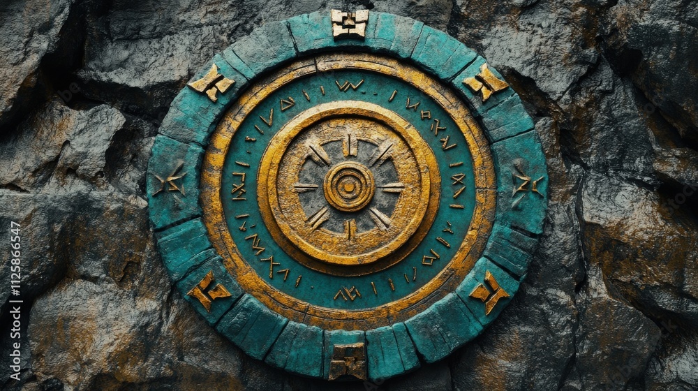 Obraz premium Ancient Symbolic Artifact Embedded in Dark Rocky Wall, Adorned with Intricate Patterns and Mysterious Inscriptions That Evoke a Sense of Adventure and Discovery