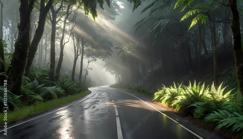 Sunlight Streaming Through Forest Onto Serene Road Surrounded By Lush Greenery Sunlight Streaming Through Forest Onto Serene Road Surrounded By Lush Greenery