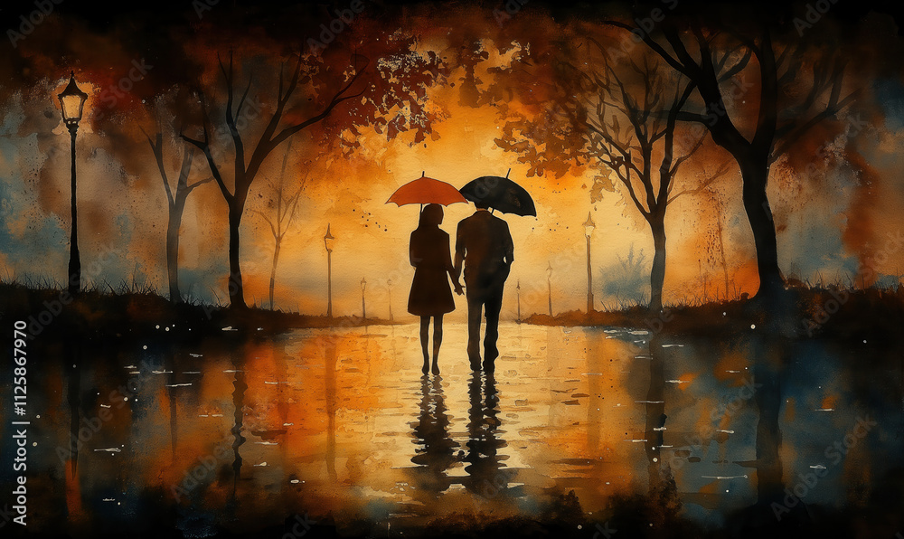 Watercolor, man and woman with umbrella in an autumn park.