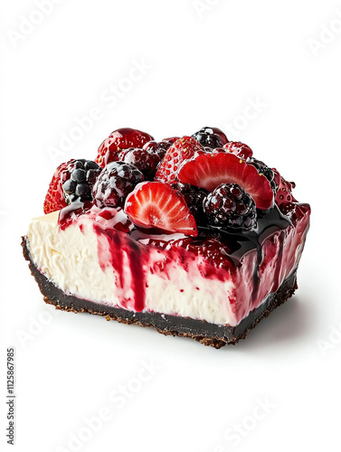 Delicious berry cheesecake slice topped with fresh strawberries and blackberries, perfect for dessert lovers. photo