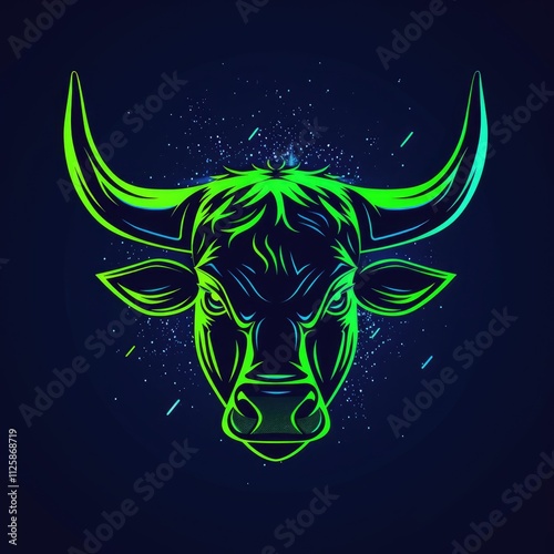 Glowing neon bull head illustration. (1) photo