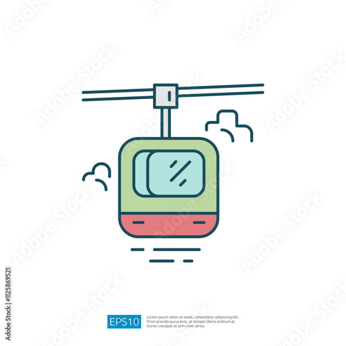 A simple illustration of a cable car, suspended from a cable, suggesting transport through mountainous or elevated areas.