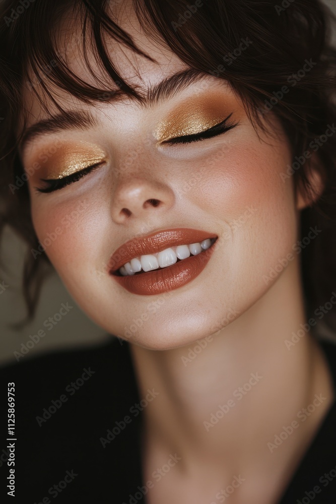 Smiling Woman with Golden Eyeshadow and Brown Lipstick Close-up Smiling Woman with Golden Eyeshadow and Brown Lipstick Close-up