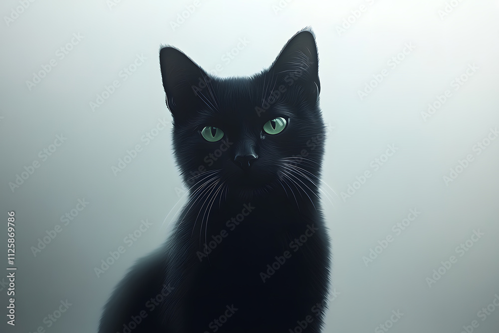 Black cat with sleek fur, sitting gracefully and looking directly at the viewer on a clean white background Black cat with sleek fur, sitting gracefully and looking directly at the viewer on a clean white background