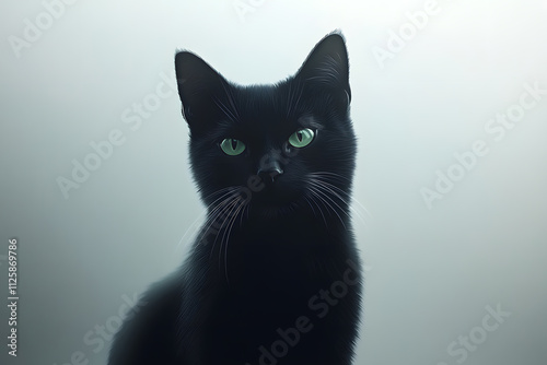 Black cat with sleek fur, sitting gracefully and looking directly at the viewer on a clean white background
