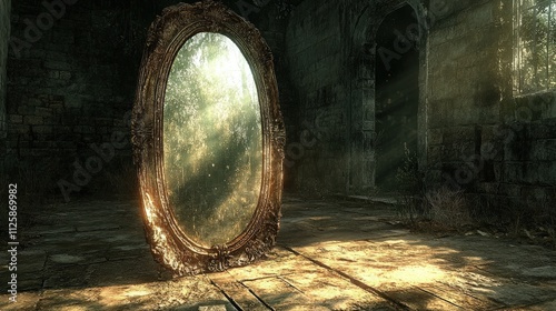 Enchanted and Mysterious Reflection in an Abandoned Space with Illuminated Sunlight Shining Through Dusty Air in an Old, Ornate Mirror