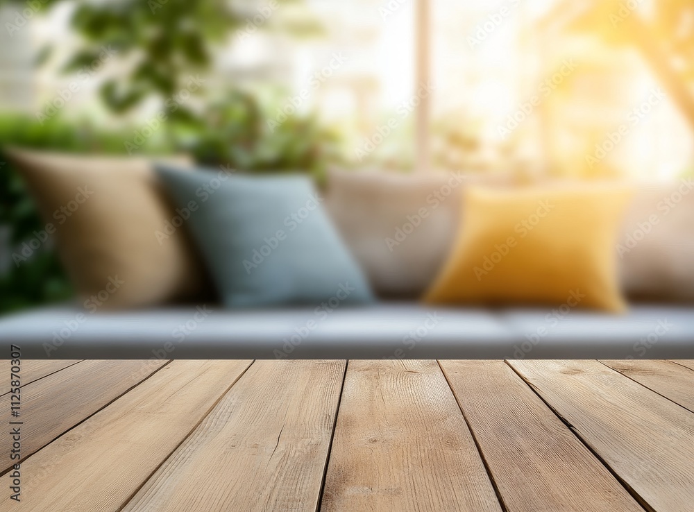 Empty wooden table with blurred sofa and pillows background. Empty wooden table with blurred sofa and pillows background.