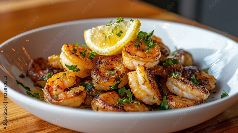 A shrimp dish served with parsley and a lemon wedge. A shrimp dish served with parsley and a lemon wedge.