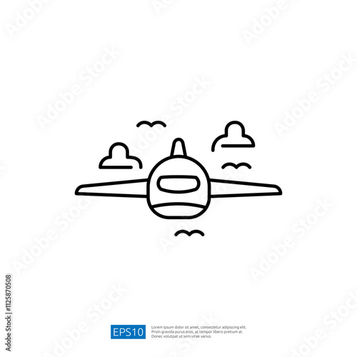 A simple line drawing of an airplane flying through the sky, accompanied by clouds. The image represents air travel and aviation in a minimalist style.