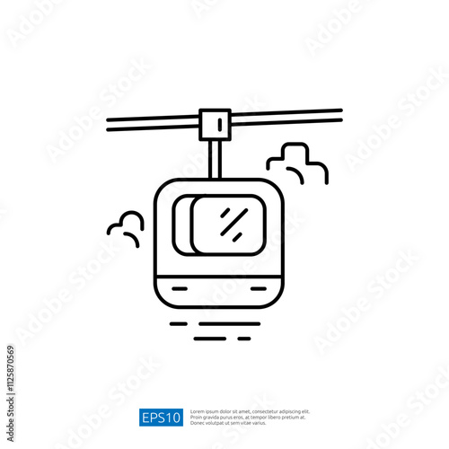A simple line drawing of a cable car, suspended from a cable, suggesting movement and travel through mountainous or elevated terrain.