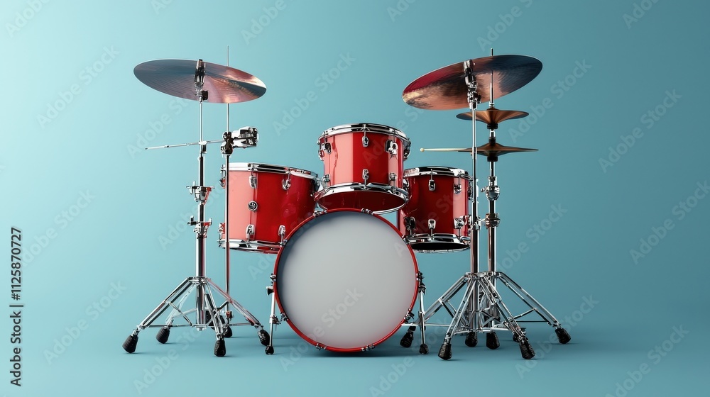 A drum set with red drums and silver cymbals. A drum set with red drums and silver cymbals.