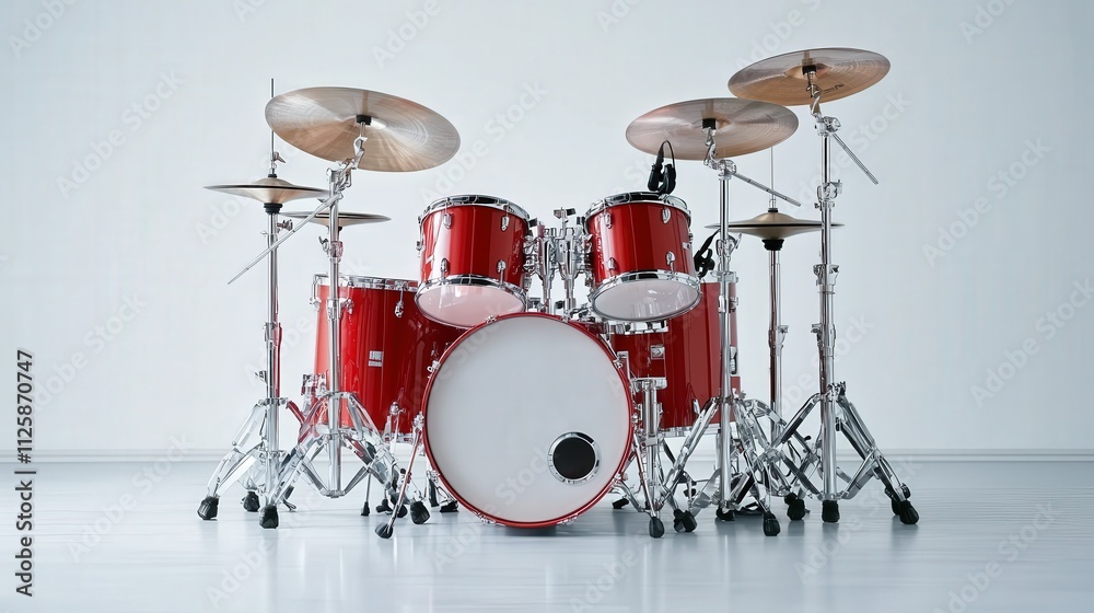 Obraz premium A drum set with red drums and silver cymbals.