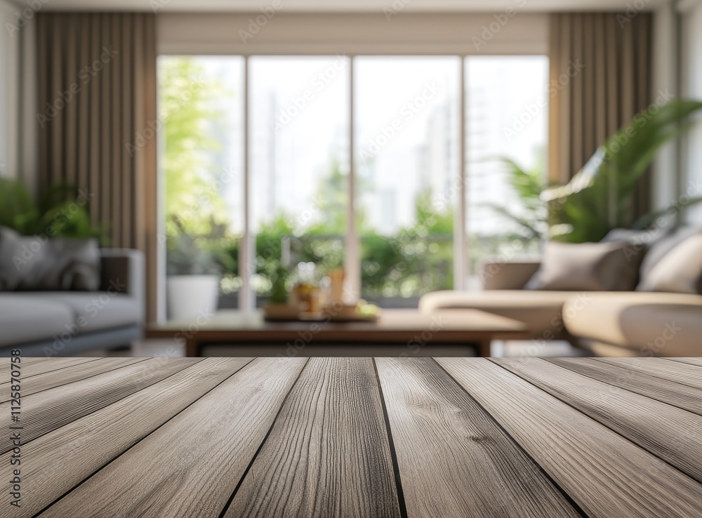 Empty wooden table in blurred modern living room. Empty wooden table in blurred modern living room.