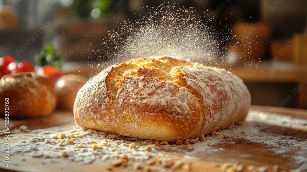 A loaf of freshly baked bread sits on a wooden countertop, dusted with flour. Surrounding the bread are fresh ingredients, creating a warm and inviting kitchen atmosphere. A loaf of freshly baked bread sits on a wooden countertop, dusted with flour. Surrounding the bread are fresh ingredients, creating a warm and inviting kitchen atmosphere.