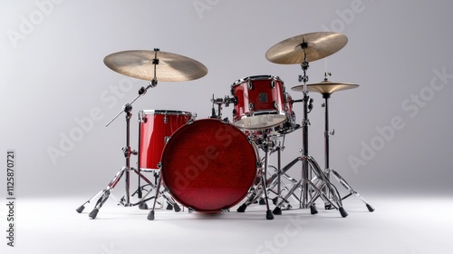 A drum set with red drums and silver cymbals.