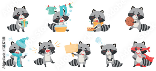 Adorable raccoon characters joyfully engaging in a variety of fun activities such as laundry, cooking, and much more