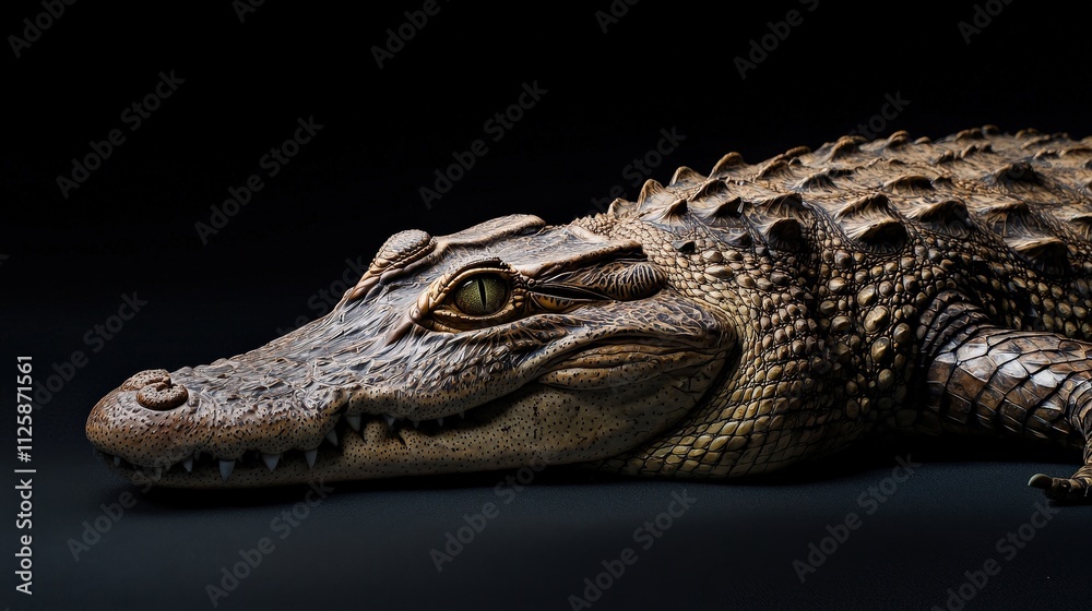 Obraz premium A crocodile lying flat, showing its rough-textured scales.