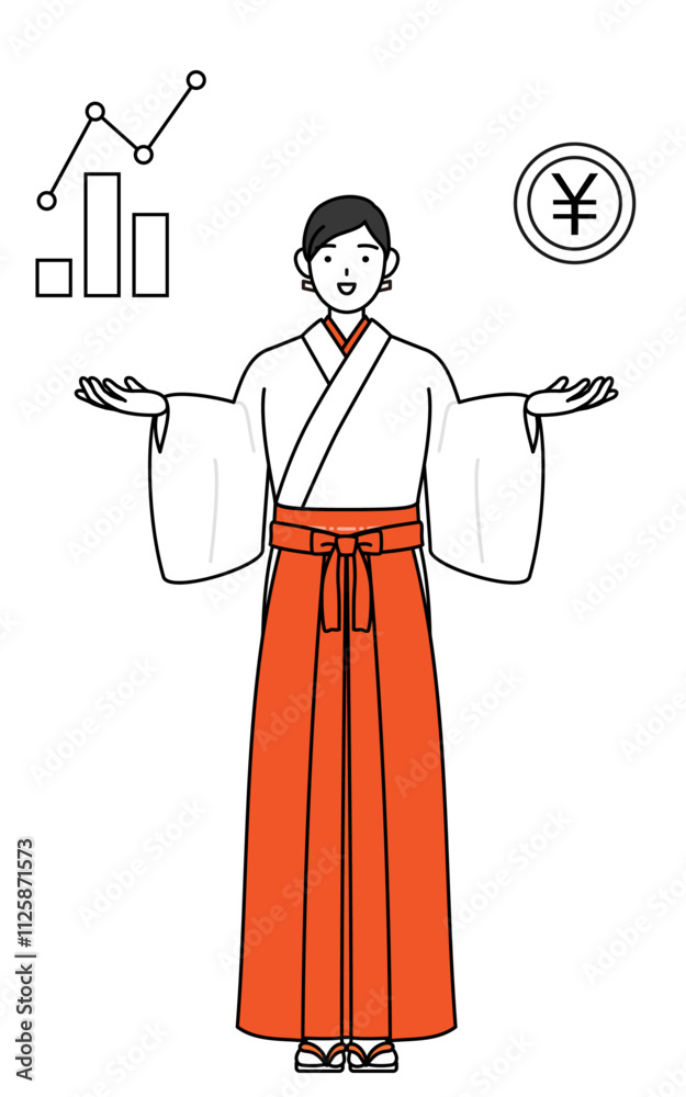 Shrine Maiden Of The Shrine, wearing White kosode and Red Hakama, guiding an image of DX, performance and sales improvement.