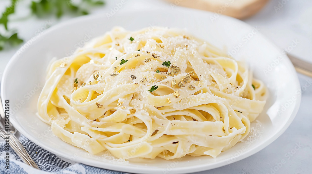 Creamy Fettuccine Alfredo: A close-up of a plate of fettuccine alfredo, featuring creamy sauce, fresh parsley, and a hint of black pepper. The dish is perfectly cooked and ready to be enjoyed. Creamy Fettuccine Alfredo: A close-up of a plate of fettuccine alfredo, featuring creamy sauce, fresh parsley, and a hint of black pepper. The dish is perfectly cooked and ready to be enjoyed.