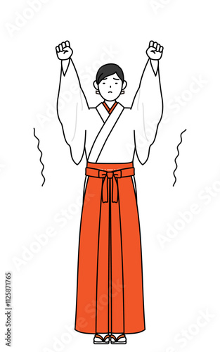 Shrine Maiden Of The Shrine, wearing White kosode and Red Hakama, stretching and standing tall.