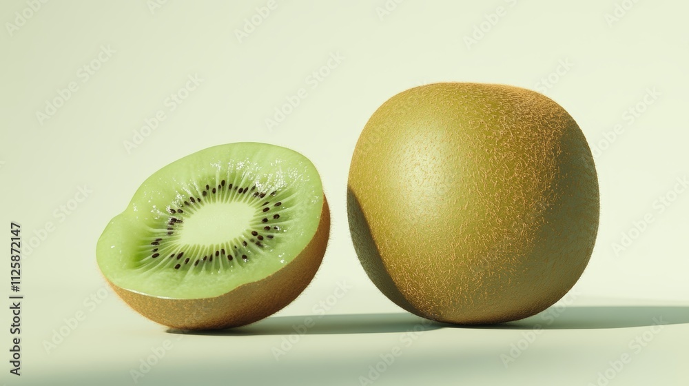 Obraz premium A kiwi fruit, sliced in half and one whole, on a white background
