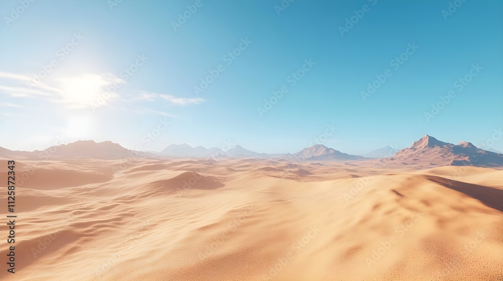 Fototapeta premium Vast Desert Landscape Under Clear Blue Skies with Rolling Sand Dunes and Distant Mountain Ranges Capturing the Serene Beauty and Heat of an Arid Natural Environment in Daylight